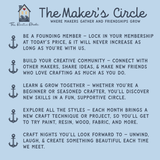The Rustic Rhode's The Maker’s Circle features a blue graphic highlighting community benefits—connect with makers, learn new skills, explore styles, and craft together—with four anchor icons framing the text.