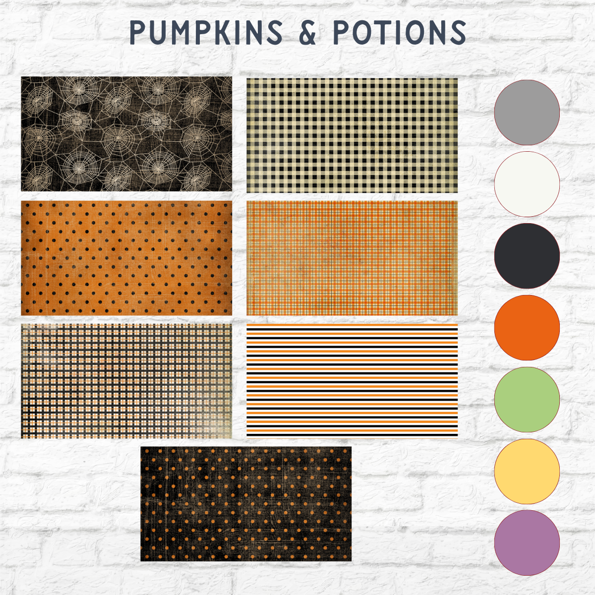 Image displays eight Halloween-themed patterned swatches and nine solid color circles beside the DIY Happy Halloween Word Block by The Rustic Rhode. Patterns include spider webs, plaid, and polka dots in black, orange, and cream. Text: “PUMPKINS & POTIONS.”.