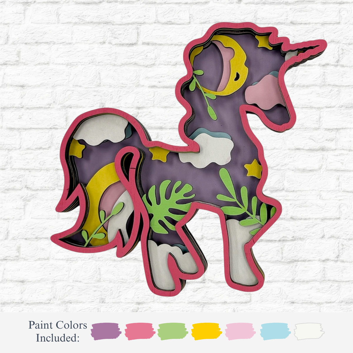 The Rustic Rhode DIY 3D Unicorn Kids Kit features a unicorn-shaped wooden cutout with a pink border, colorful shapes, and a purple background. Includes six paint swatches—perfect for creative kids’ crafts.