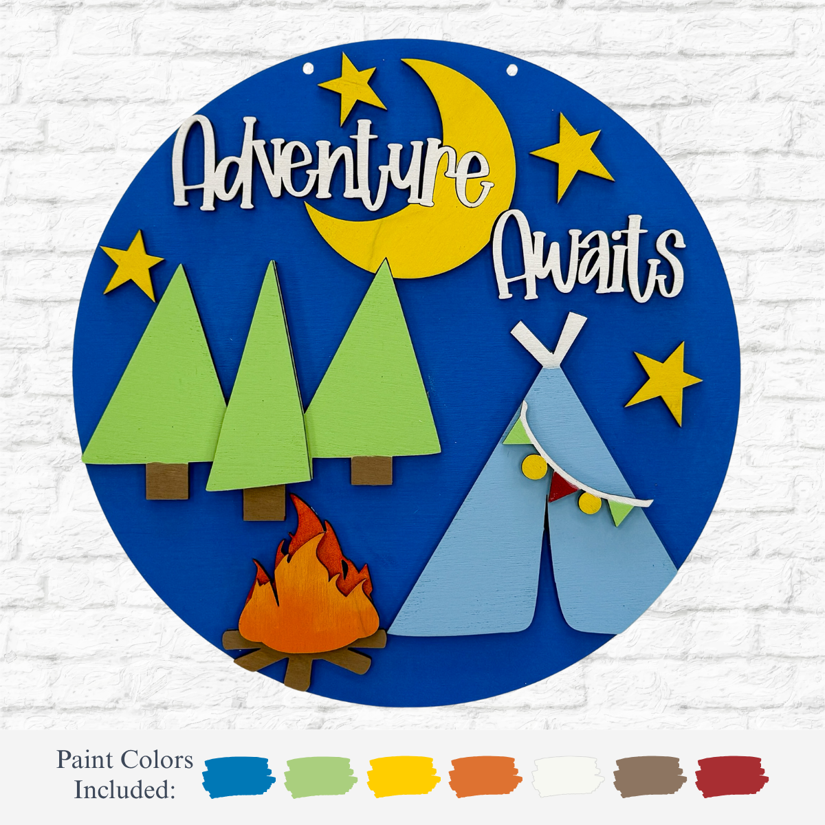 The therusticrhode DIY Adventure Awaits Kids Kit includes a round sign featuring Adventure Awaits, trees, a tent, stars, moon, and campfire on blue background with green, yellow, blue, white, orange, brown & tan paint for hands-on learning.