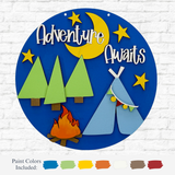 The therusticrhode DIY Adventure Awaits Kids Kit includes a round sign featuring Adventure Awaits, trees, a tent, stars, moon, and campfire on blue background with green, yellow, blue, white, orange, brown & tan paint for hands-on learning.