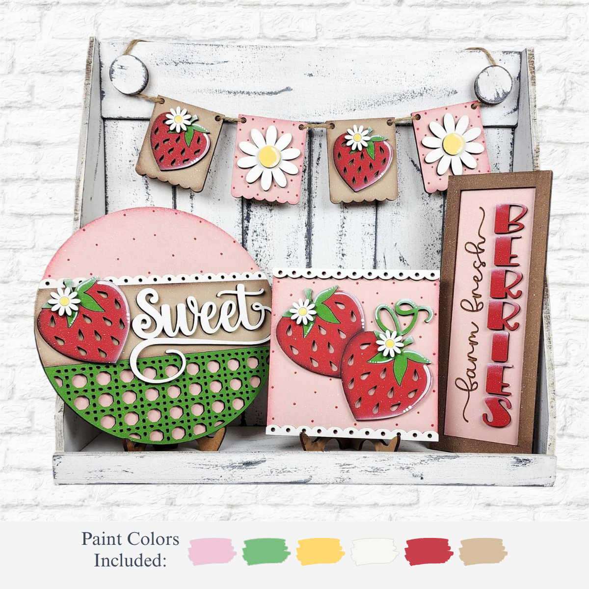 The Rustic Rhodes DIY Berry Sweet Tiered Tray Kit includes strawberry-themed signs, daisy and strawberry bunting, painted strawberries, and a farm fresh berries plaque. Paint colors for this kit are shown below.