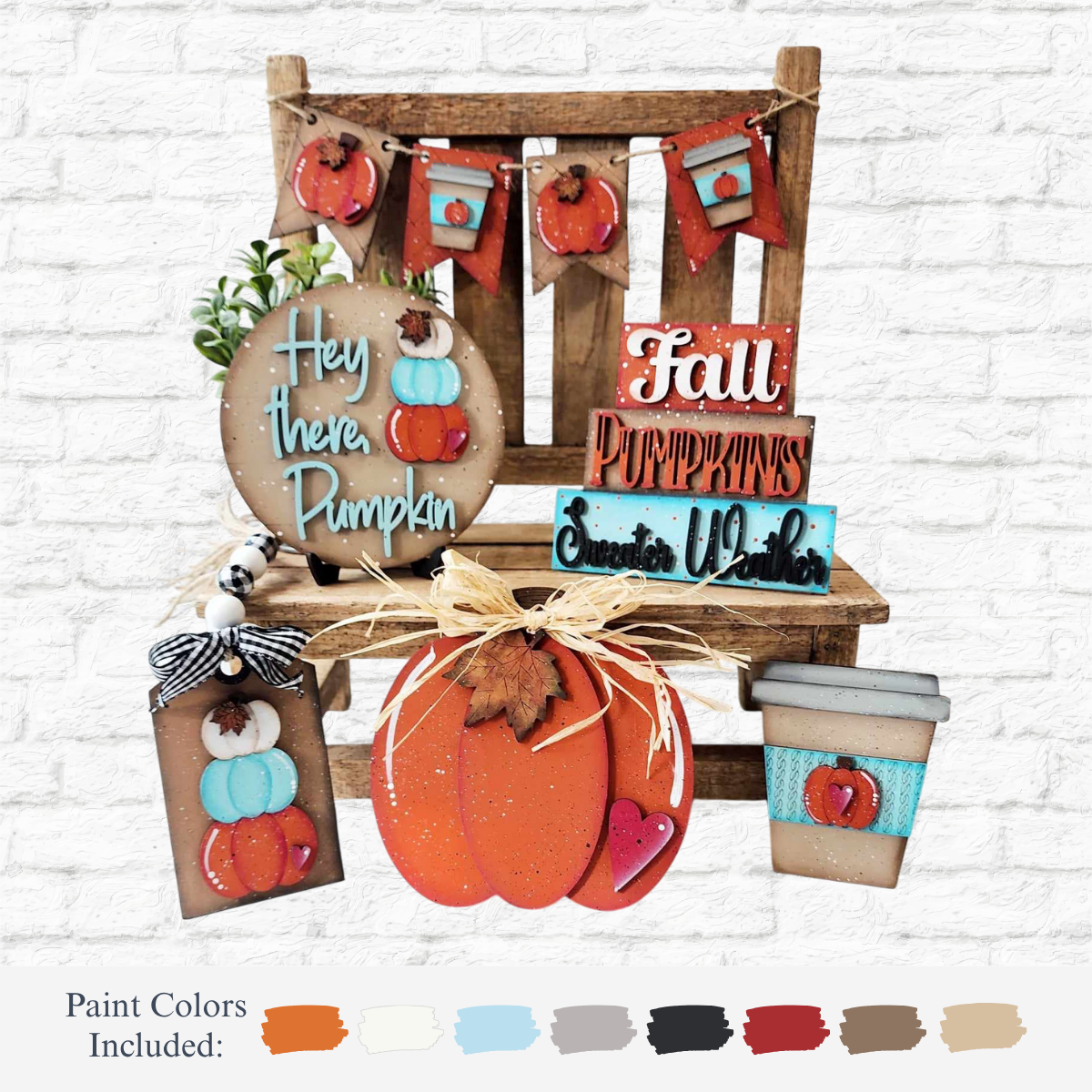 A wooden chair displays autumn crafts like painted pumpkins, a “Hey there Pumpkin” sign, mini banners, and personalized tiered tray decor from The Rustic Rhode’s DIY Hello Pumpkin Tiered Tray Kit. Paint color swatches are shown below.