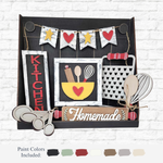 The Rustic Rhode DIY Primitive Kitchen Tiered Tray includes rustic kitchen signs, utensils, a bowl, “KITCHEN” and “Homemade” signs, a cutting board, measuring spoons, and a star banner. Paint color samples are shown below.