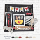 The Rustic Rhode DIY Primitive Kitchen Tiered Tray includes rustic kitchen signs, utensils, a bowl, “KITCHEN” and “Homemade” signs, a cutting board, measuring spoons, and a star banner. Paint color samples are shown below.