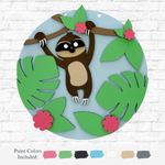 The Rustic Rhode’s DIY Sloth Kids Kit features round wall art with a cartoon sloth, green leaves, and pink flowers. Includes six paint colors—perfect creative fun for kids in Warwick, RI.