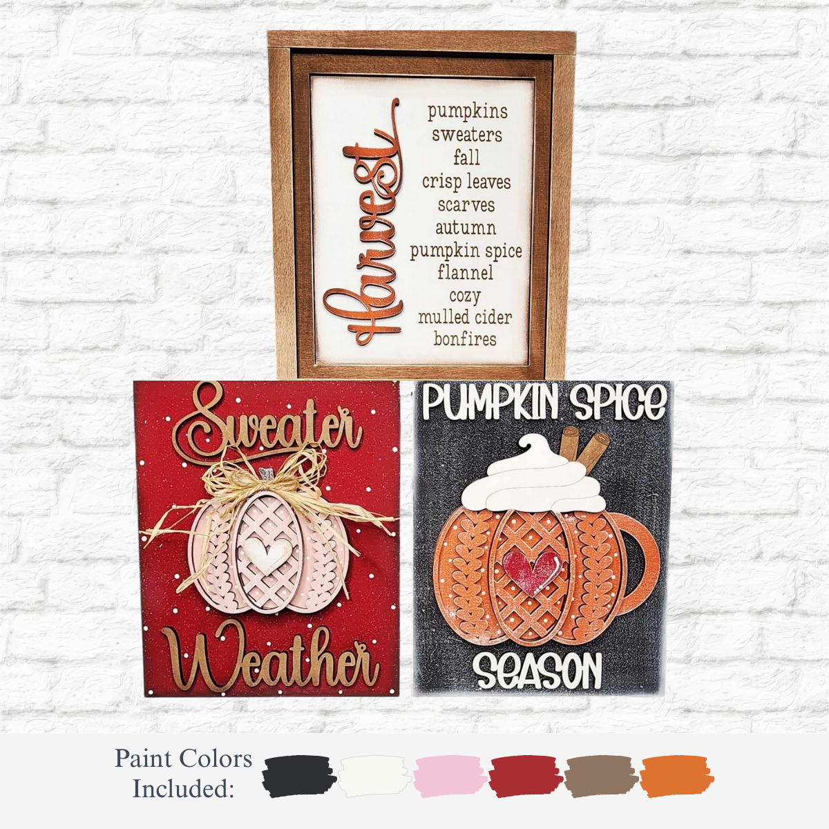The Rustic Rhodes DIY Sweater Weather Sign Trio features three autumn-themed signs: a sweater-patterned pumpkin, a framed Harvest script with fall words, and a pumpkin mug for Pumpkin Spice Season. Paint colors shown below.
