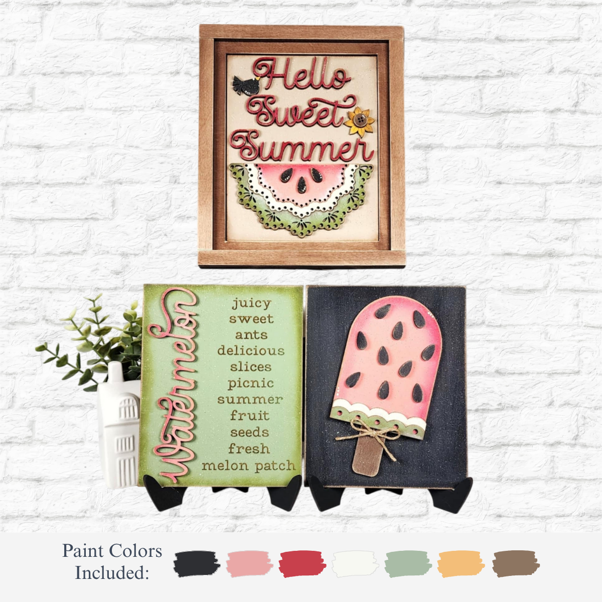The Rustic Rhode DIY Watermelon Sign Trio includes a framed Hello Sweet Summer sign, popsicle watermelon painting, and green sign with watermelon words plus paint—ideal for a fun, personalized summer home decor craft kit.