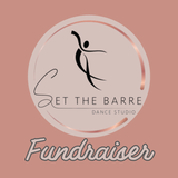 Promote your Set The Barre Fundraiser- October 25th DIY door hanger kit from The Rustic Rhode, featuring a stylized dancer in a circular frame on pink, with "Fundraiser" in bold script—a perfect choice for your next fundraiser!.