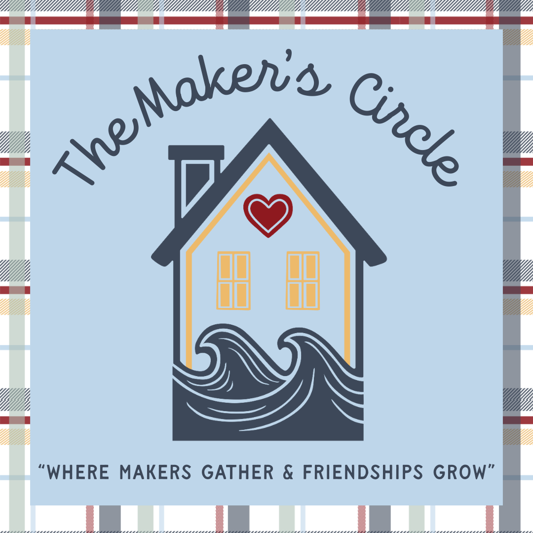 A house graphic with a red heart above the door and waves at its base sits on a plaid background. Text reads “The Maker’s Circle” and “Where makers gather & friendships grow.” A DIY craft club by The Rustic Rhode.