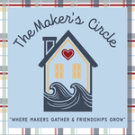 A house graphic with a red heart above the door and waves at its base sits on a plaid background. Text reads “The Maker’s Circle” and “Where makers gather & friendships grow.” A DIY craft club by The Rustic Rhode.