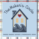 A house graphic with a red heart above the door and waves at its base sits on a plaid background. Text reads “The Maker’s Circle” and “Where makers gather & friendships grow.” A DIY craft club by The Rustic Rhode.