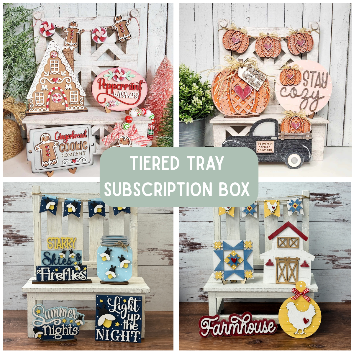 A collage shows four seasonal DIY Tiered Tray Subscription Box sets by The Rustic Rhode, featuring wooden signs with Christmas, autumn, summer, and farmhouse designs. Center text on green reads “DIY Tiered Tray Subscription Box.”.