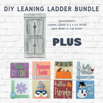 Showcase The Rustic Rhode’s Interchangeable Bundle (SAVE 25%): a wooden display ladder with measurements and seven seasonal inserts—flowers, sunglasses, pumpkins, snowflakes & more. Perfect DIY paint kit project for home décor lovers.