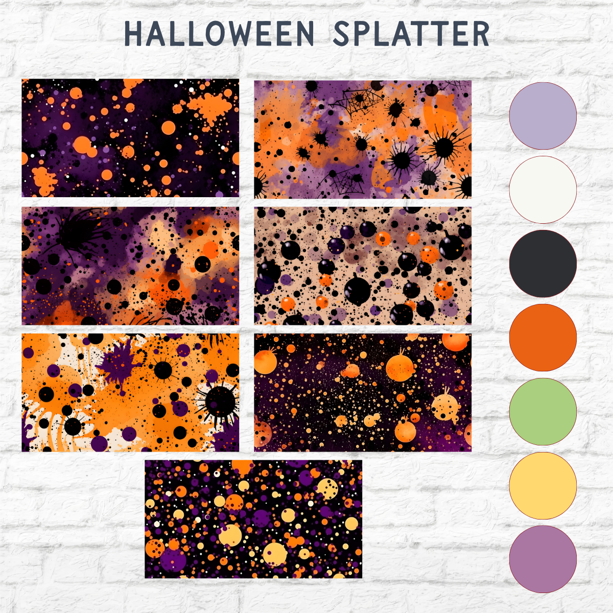 The Rustic Rhodes DIY Happy Halloween Word Block features festive splatter patterns in orange, black, purple, and cream as rectangular swatches with color palette circles on a white brick background—ideal for Halloween crafts.