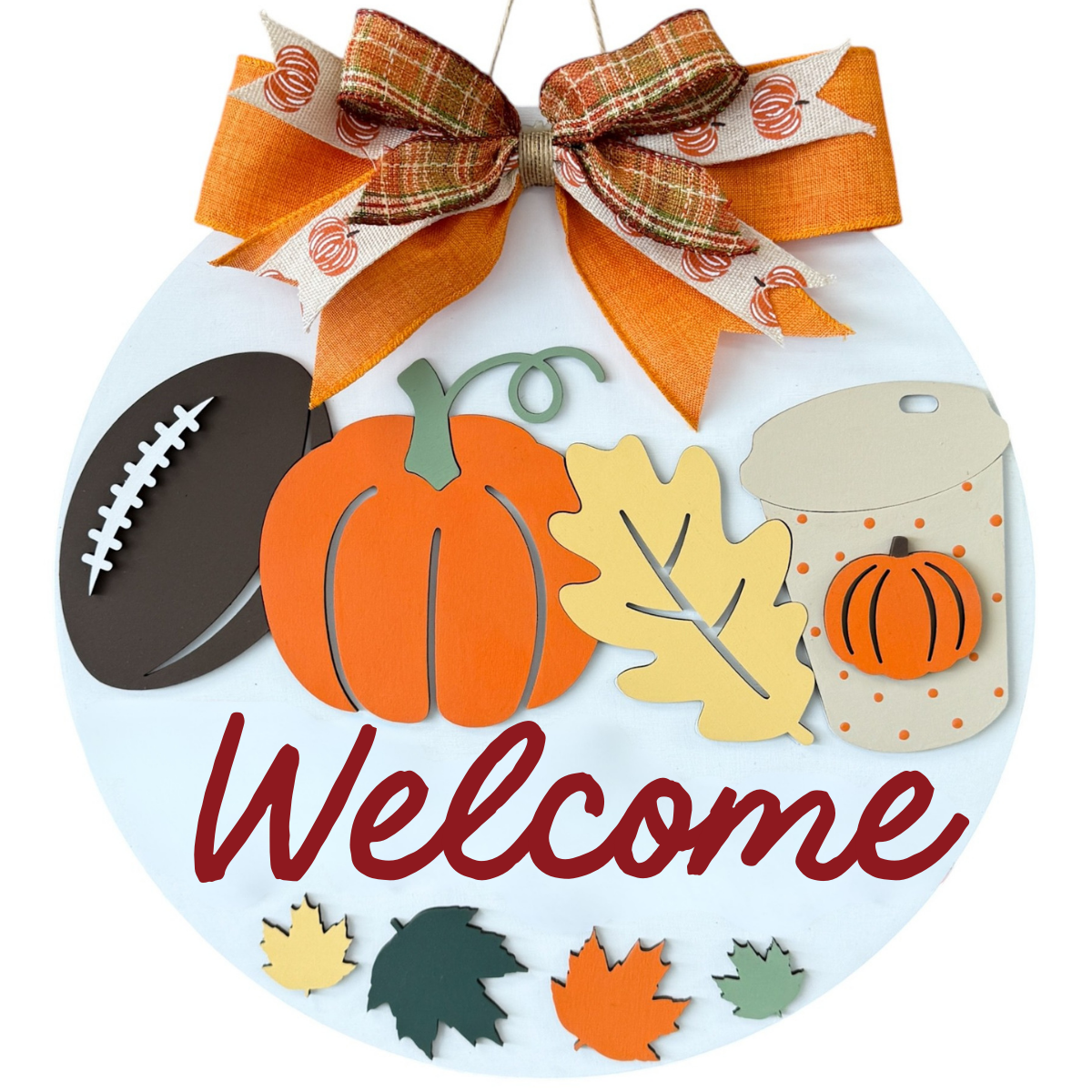 A round fall-themed door hanger by The Rustic Rhode for the Warwick Softball Fundraiser (10/2/25), featuring a pumpkin, football, colorful leaves, coffee cup, orange plaid bow, and "Welcome" in red script.