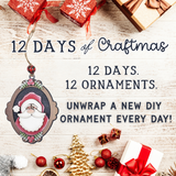 A festive flat lay with gifts, ornaments, pine cones, and Santa on wood. Text: 12 Days of Craftmas by The Rustic Rhode—open 12 days of DIY ornament craft boxes for a creative Christmas!.