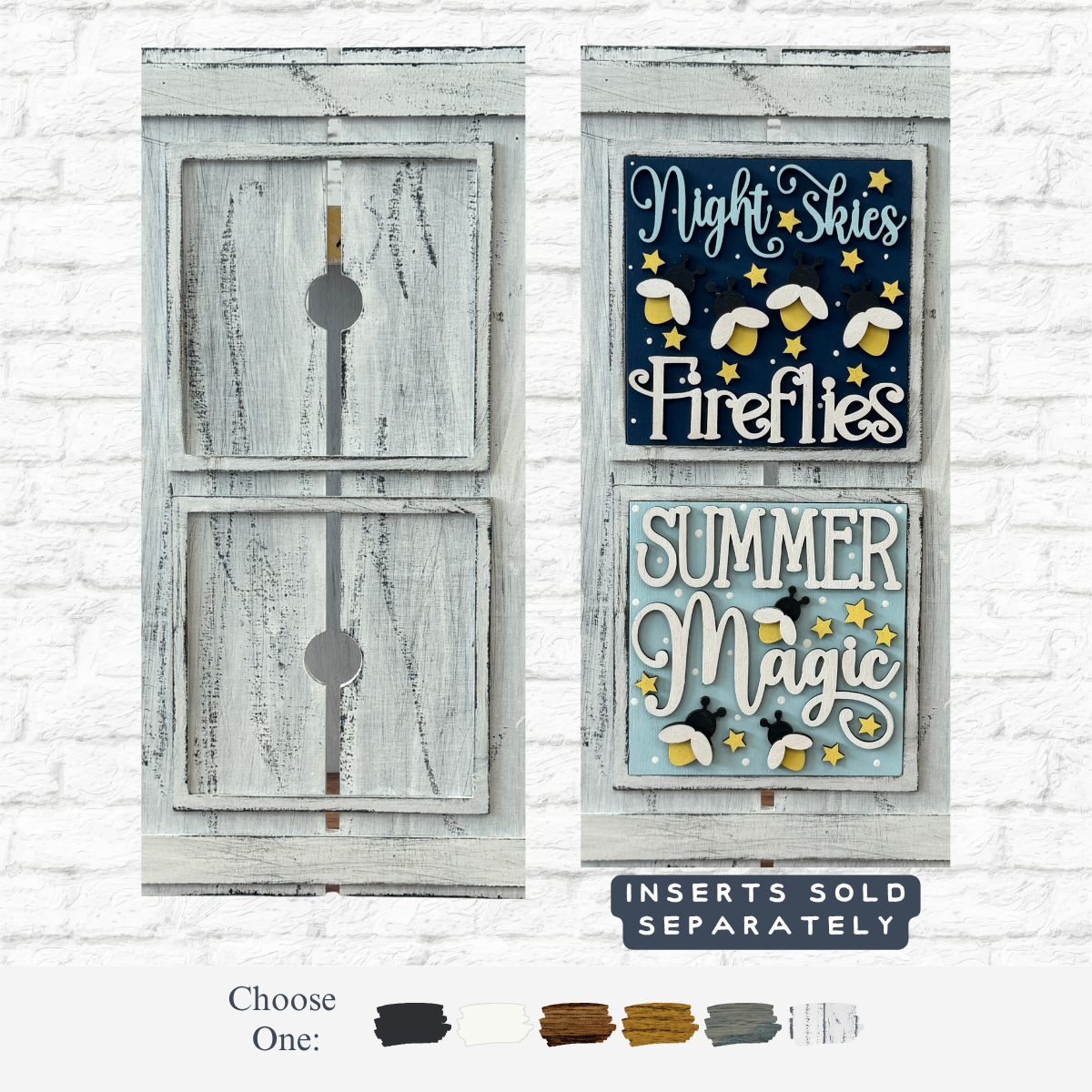 Two whitewashed farmhouse frames from The Rustic Rhode are shown, one with the DIY Firefly Interchangeable 4.25 Insert reading Night Skies Fireflies and Summer Magic with star and firefly graphics. Paint color options are displayed below.