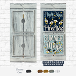Two whitewashed farmhouse frames from The Rustic Rhode are shown, one with the DIY Firefly Interchangeable 4.25 Insert reading Night Skies Fireflies and Summer Magic with star and firefly graphics. Paint color options are displayed below.