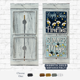 Two whitewashed farmhouse frames from The Rustic Rhode are shown, one with the DIY Firefly Interchangeable 4.25 Insert reading Night Skies Fireflies and Summer Magic with star and firefly graphics. Paint color options are displayed below.