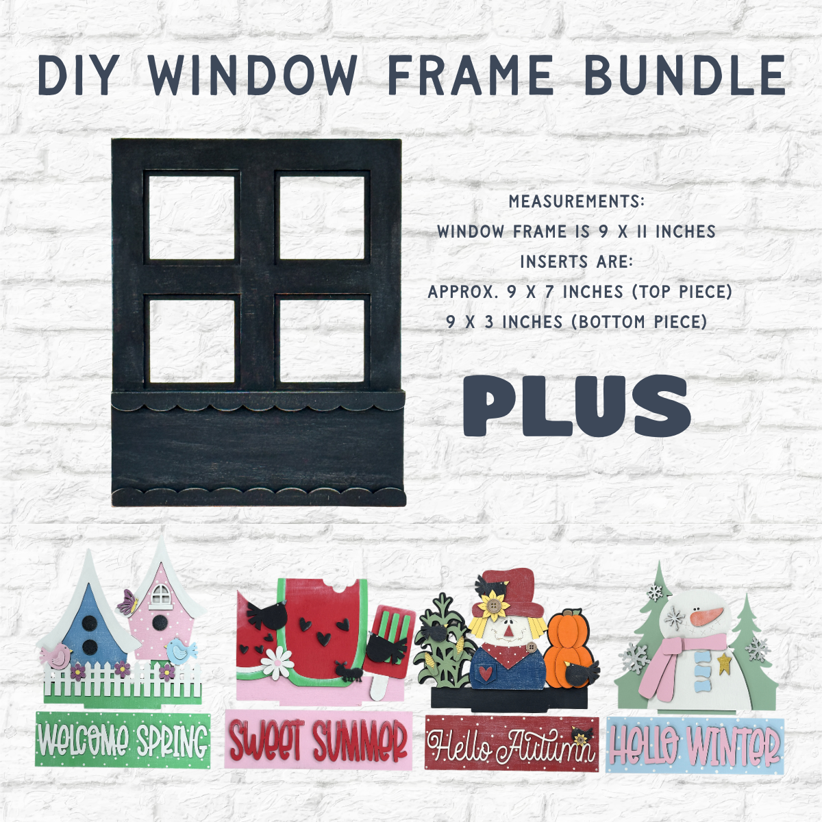 The Rustic Rhode’s Interchangeable Bundle (SAVE 25%) features a black DIY window frame with colorful seasonal inserts for spring, summer, autumn, and winter, all displayed against a white brick background.