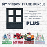 The Rustic Rhode’s Interchangeable Bundle (SAVE 25%) features a black DIY window frame with colorful seasonal inserts for spring, summer, autumn, and winter, all displayed against a white brick background.