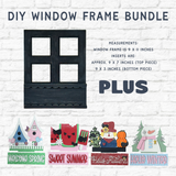 The Rustic Rhode’s Interchangeable Bundle (SAVE 25%) features a black DIY window frame with colorful seasonal inserts for spring, summer, autumn, and winter, all displayed against a white brick background.