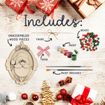 The Rustic Rhode’s 12 Days of Craftmas kit features unassembled wood ornaments, twine, bows, beads, paint pots, and brushes—everything you need for festive holiday decorating and Christmas crafting fun.