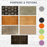 Image displays eight Halloween-themed patterned swatches and nine solid color circles beside the DIY Happy Halloween Word Block by The Rustic Rhode. Patterns include spider webs, plaid, and polka dots in black, orange, and cream. Text: “PUMPKINS & POTIONS.”.
