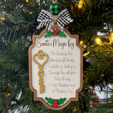 The Rustic Rhode’s DIY North Pole Santa's Key Ornament kit features a tag-shaped design with a gold key, black-and-white bow, holly accents, and a poem about using Santa’s Magic Key to bring Christmas magic.