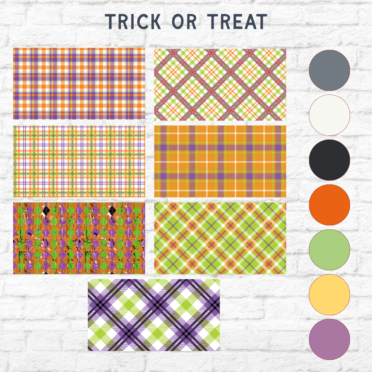 The Rustic Rhode’s DIY Happy Halloween Word Block features colorful plaid and Halloween themes, perfect for a spooky DIY kit or craft decor. Includes gray, black, orange, yellow, and green swatches on the right side.