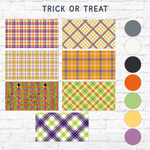 The Rustic Rhode’s DIY Happy Halloween Word Block features colorful plaid and Halloween themes, perfect for a spooky DIY kit or craft decor. Includes gray, black, orange, yellow, and green swatches on the right side.