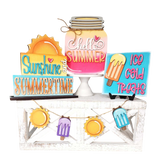 Create a vibrant summer display with The Rustic Rhode’s DIY Standing Summer Tiered Tray Kit, featuring word block signs—“Sunshine and Summertime,” “Hello Summer,” “Ice Cold Treats”—and sun/popsicle accents on a white stand.