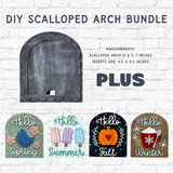 Image featuring The Rustic Rhode’s Interchangeable Bundle (SAVE 25%) with a blank gray 6x7" arch and four seasonal inserts for spring, summer, fall, and winter—each displaying “Hello” greetings with themed graphics.