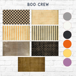 Eight rectangular fabric swatches featuring plaid, stripe, and polka dot patterns in black, tan, and orange are shown for a DIY Witchy Vibes Word Block by The Rustic Rhode. On the right, seven matching color circles and “BOO CREW” appear above.