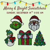 Festive flyer for The Rustic Rhode's Christmas Faux Suncatcher Workshop—Sunday, December 14th at 11am. Features five stained-glass style designs: elf hat heart, Santa, snowman, tree, and gift box. Text: Merry & Bright Suncatchers.