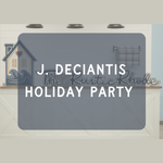A graphic displays “J. DeCiantis Holiday Party” over a faded white kitchen, alongside The Rustic Rhode’s house logo with waves, heart, and the phrase “‘Tis The Season for the jolliest bunch of assholes to gather and celebrate.”.