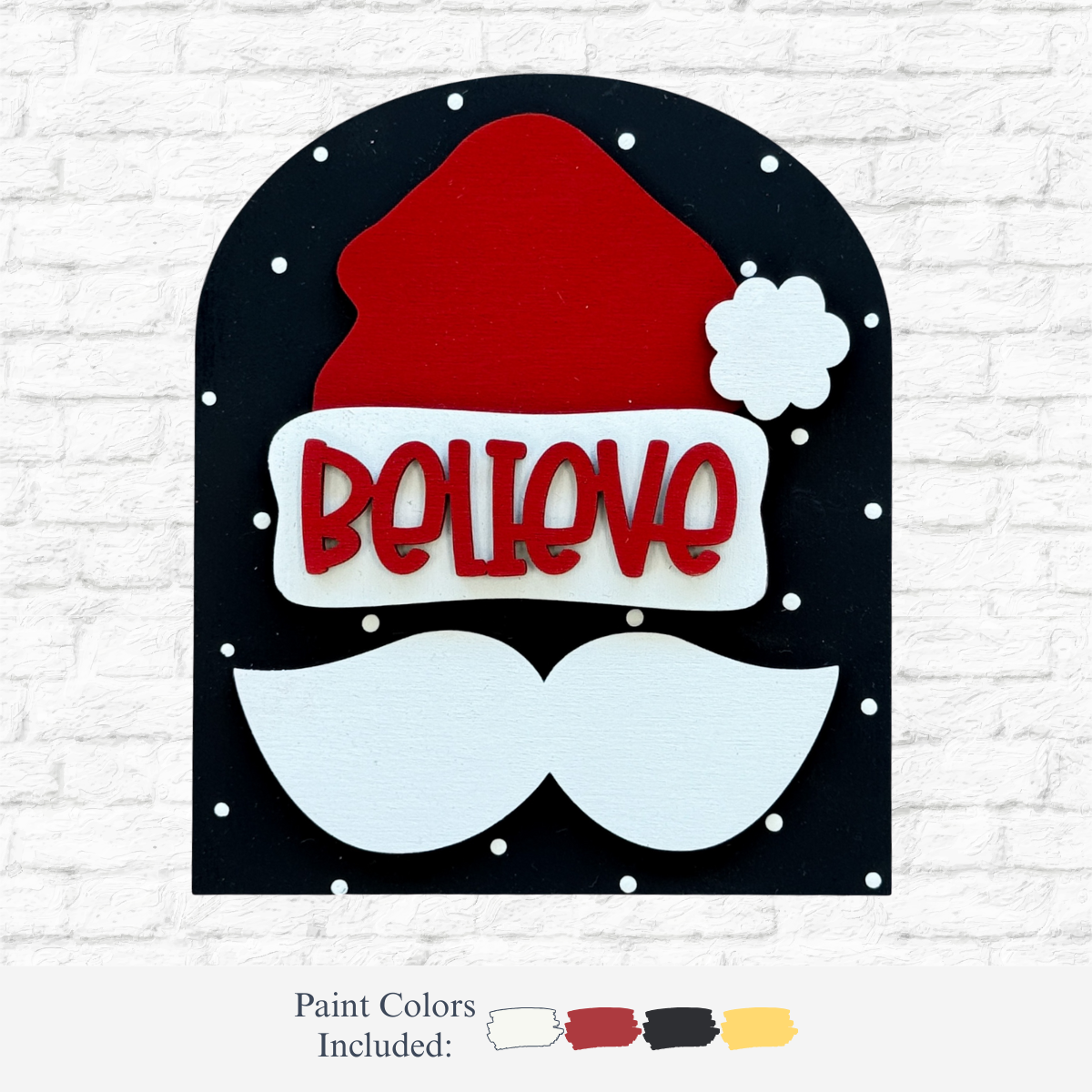 The Rustic Rhode DIY Believe in Christmas Arch Insert features a red Santa hat, white mustache, and BELIEVE in red on a white band, set on black with white polka dots—ideal holiday décor for your Scalloped Arch Insert Frame.