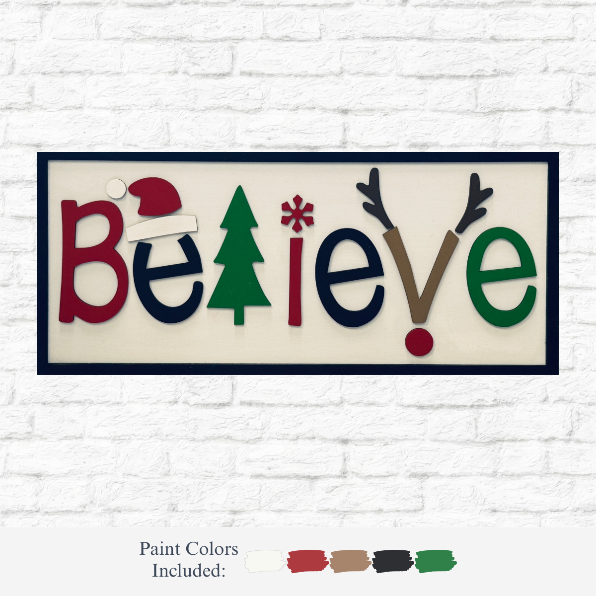 The Rustic Rhode’s DIY Believe in Christmas kit features a festive sign with a Santa hat on the “B,” tree for the “L,” snowflake on the “i,” and antlers plus red nose on the “V.” Comes with four paint colors for your holiday craft.