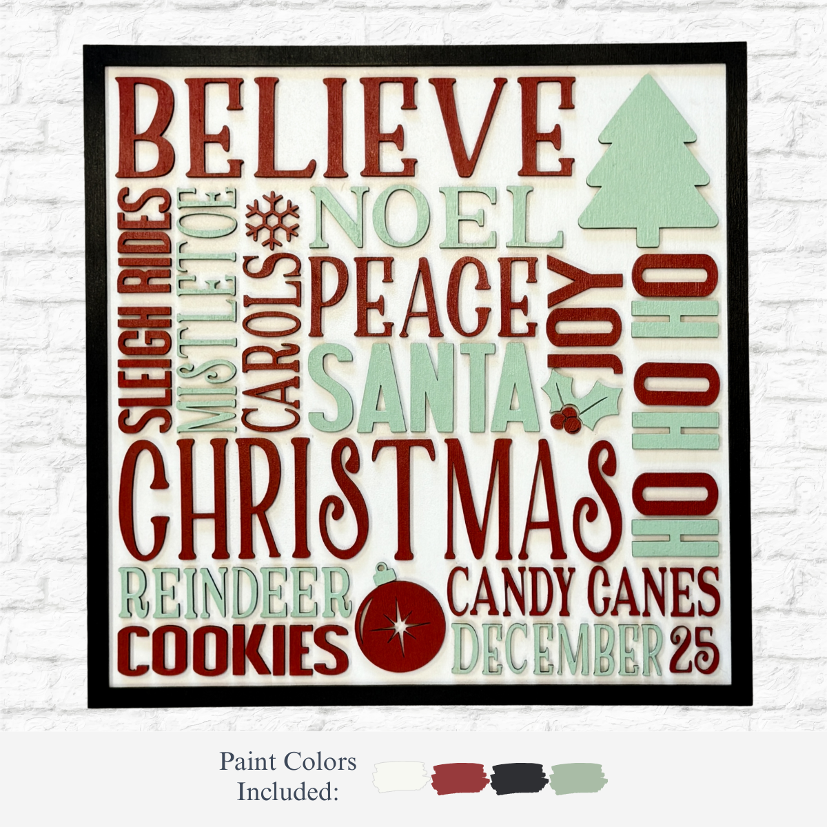 DIY Christmas Subway Word Art by The Rustic Rhode features festive words like BELIEVE, NOEL, PEACE, and SANTA in red, green, and cream—ideal for holiday decor or adding to your craft kit.