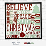 DIY Christmas Subway Word Art by The Rustic Rhode features festive words like BELIEVE, NOEL, PEACE, and SANTA in red, green, and cream—ideal for holiday decor or adding to your craft kit.