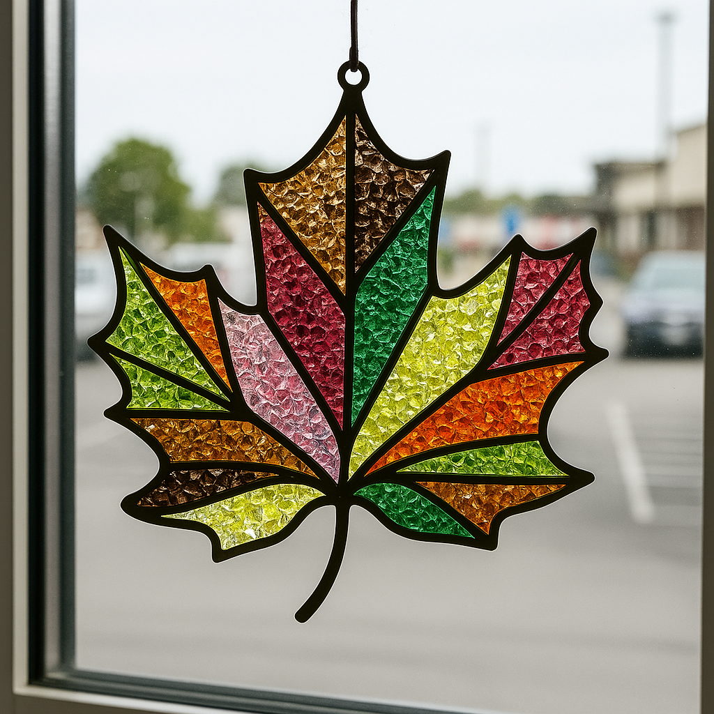 The Rustic Rhode’s DIY Crisp Leaves Faux Suncatcher kit lets you create a maple leaf suncatcher with red, green, orange, and yellow sections—just like the one hanging on a window with a blurred parking lot and buildings outside.