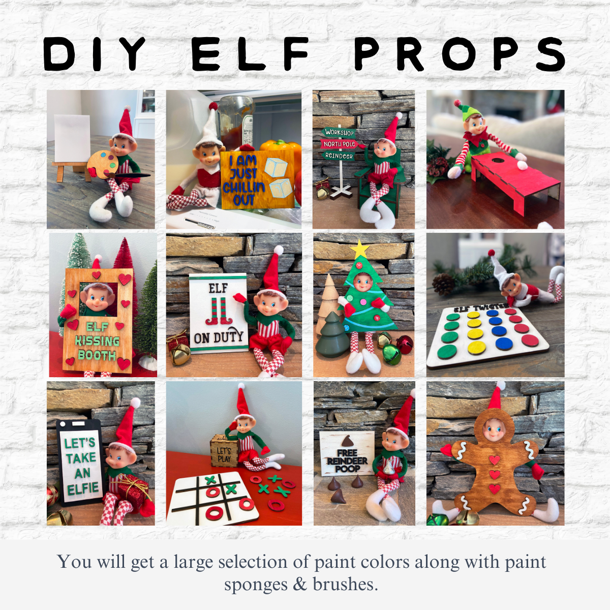 A collage of twelve photos shows an Elf on the Shelf with handcrafted props from The Rustic Rhode DIY Elf Prop Kit—like a pumpkin sign, kissing booth, Christmas tree, and gingerbread costume—set among festive holiday decorations.