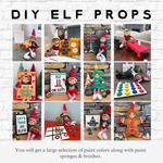 A collage of twelve photos shows an Elf on the Shelf with handcrafted props from The Rustic Rhode DIY Elf Prop Kit—like a pumpkin sign, kissing booth, Christmas tree, and gingerbread costume—set among festive holiday decorations.