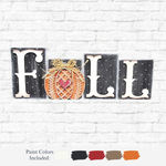 The Rustic Rhode DIY Fall Word Block features four wooden blocks spelling FALL, with a woven pumpkin replacing the A and twine on top. Blocks have a black, speckled background. Includes Paint Colors—perfect for your Fall Décor!.
