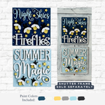 The Rustic Rhode DIY Firefly Interchangeable 4.25 Insert includes four laser cut wood signs with Night Skies, Fireflies, and Summer Magic phrases, plus paint in navy, light blue, white, cream, and yellow. Frame and DIY Firefly Insert sold separately.