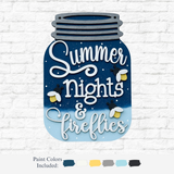 The Rustic Rhode DIY Firefly Mason Jar Door Hanger features Summer nights & fireflies in white script on a blue ombre mason jar shape with firefly accents, plus a palette of six paint colors for your own creative touch.