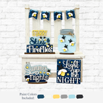 The Rustic Rhode DIY Fireflies Tiered Tray Set features a wooden shelf display with summer decor: blue starry banner, firefly jar, and signs reading Starry Skies & Fireflies, Summer Nights, Light Up the Night. Paint colors shown below.