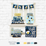 The Rustic Rhode DIY Fireflies Tiered Tray Set features a wooden shelf display with summer decor: blue starry banner, firefly jar, and signs reading Starry Skies & Fireflies, Summer Nights, Light Up the Night. Paint colors shown below.