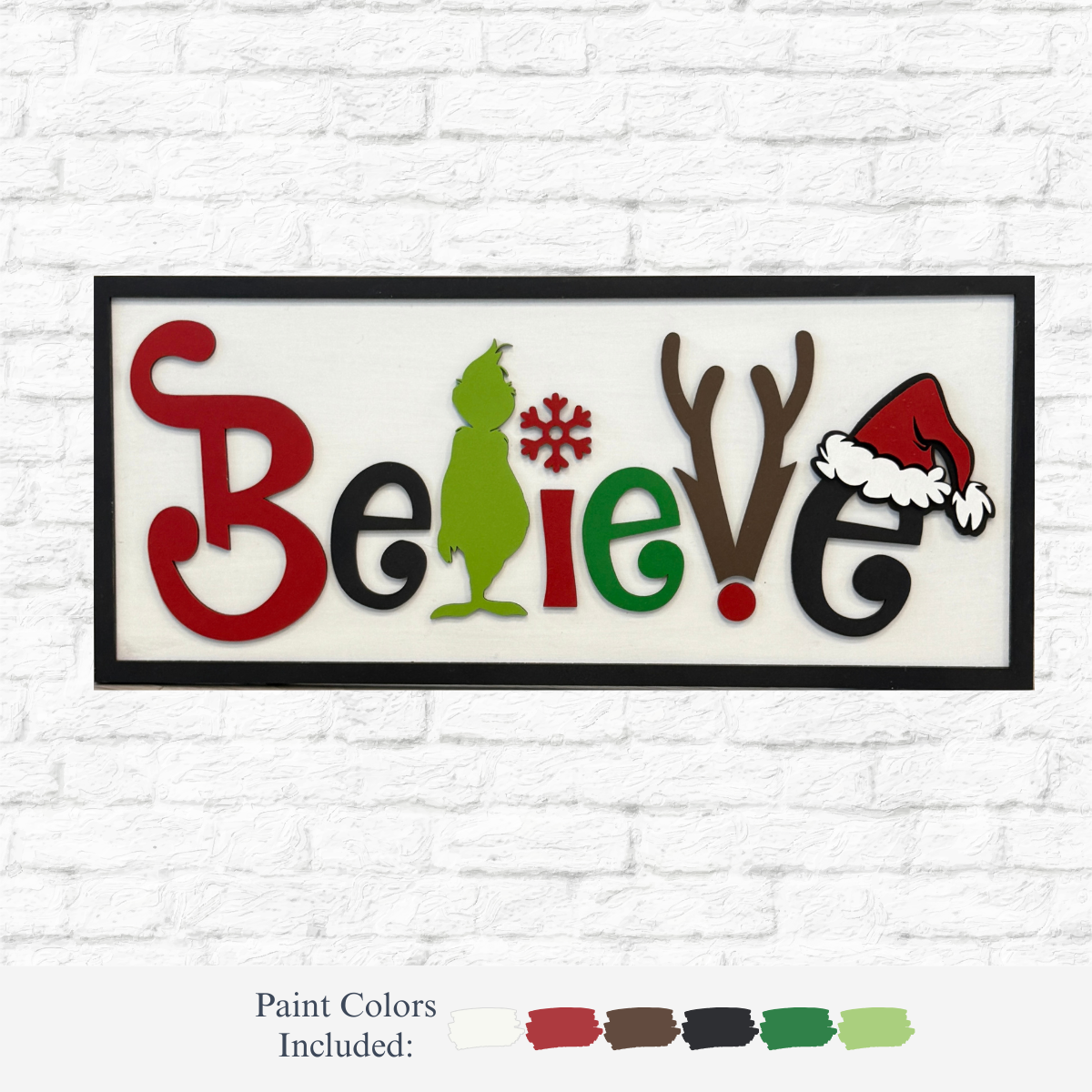 The Rustic Rhode's DIY Grinch Believe sign features a Grinch silhouette for the “l,” snowflake on the “i,” antlers on the “v,” and a Santa hat on the “e”—a playful holiday décor piece. Paint colors are displayed below.